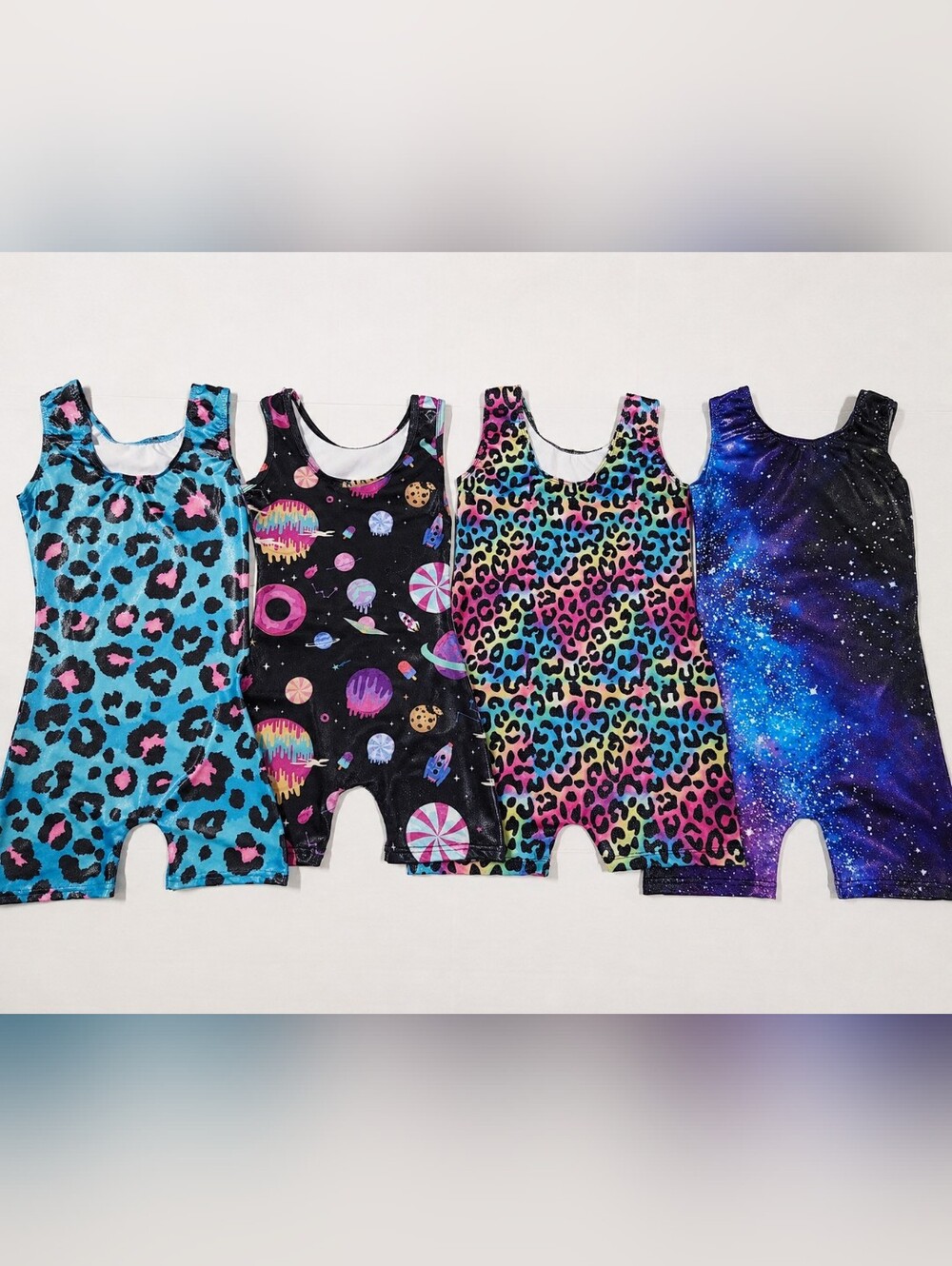 Girls Gymnastics Leotard Biketard Lot 4 Size 150 Youth 10-12 Galaxy Leopard NWOT